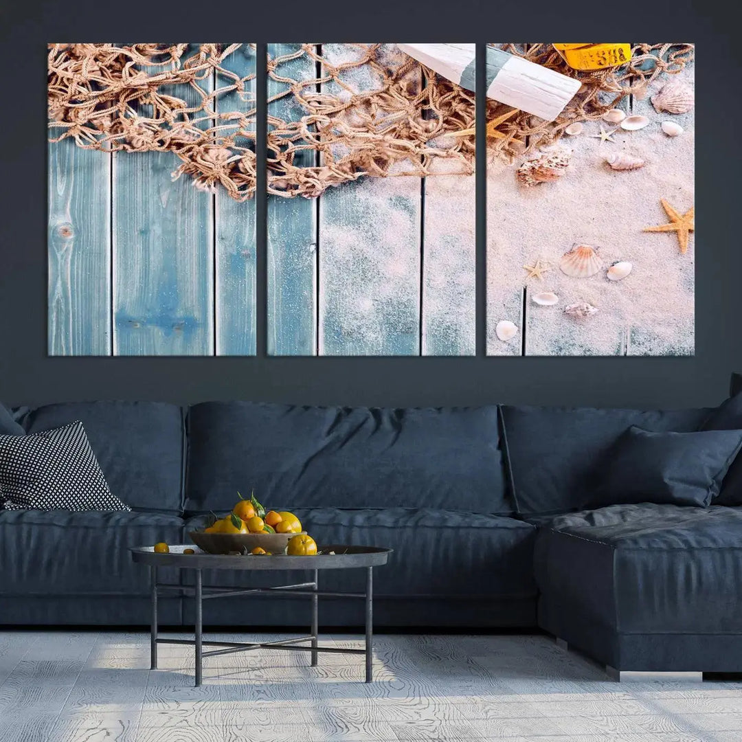 Discover the "Fishing Net on Old Rusty Woods Canvas Wall Art Nautical Canvas Art," a coastal-themed triptych that adorns your space, featuring enchanting shells and netting. Each museum-quality canvas is expertly finished with UV-protective coating to ensure its vibrant beauty endures.