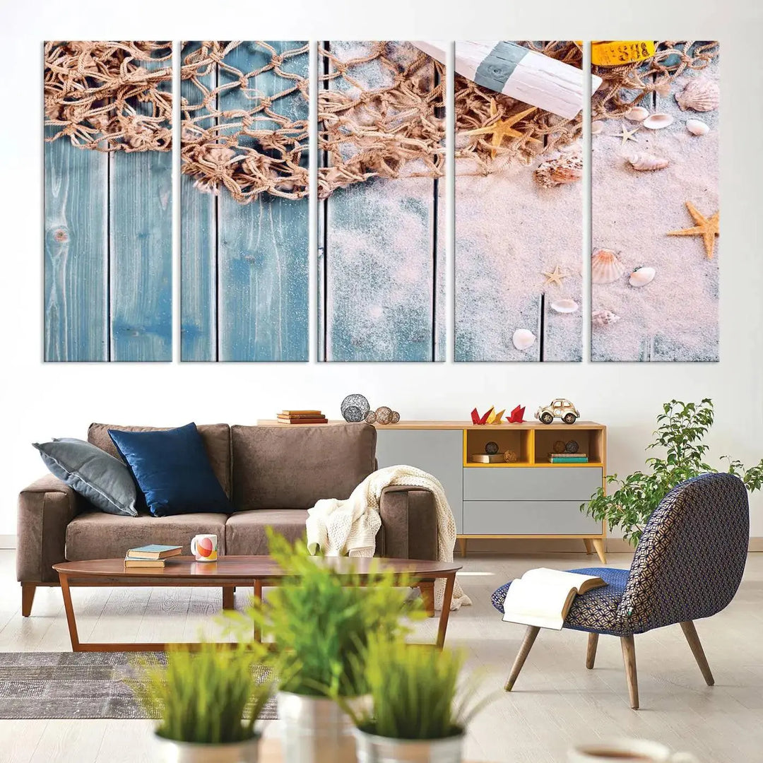 Discover the "Fishing Net on Old Rusty Woods Canvas Wall Art Nautical Canvas Art," a coastal-themed triptych that adorns your space, featuring enchanting shells and netting. Each museum-quality canvas is expertly finished with UV-protective coating to ensure its vibrant beauty endures.