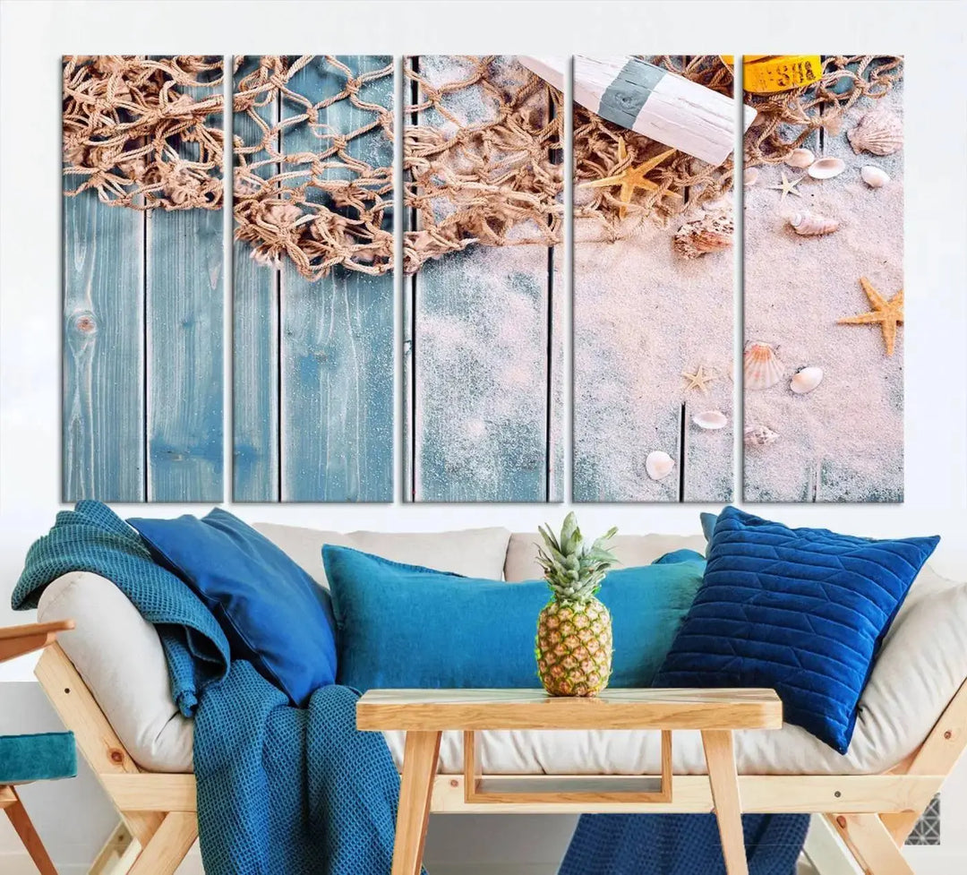 Discover the "Fishing Net on Old Rusty Woods Canvas Wall Art Nautical Canvas Art," a coastal-themed triptych that adorns your space, featuring enchanting shells and netting. Each museum-quality canvas is expertly finished with UV-protective coating to ensure its vibrant beauty endures.