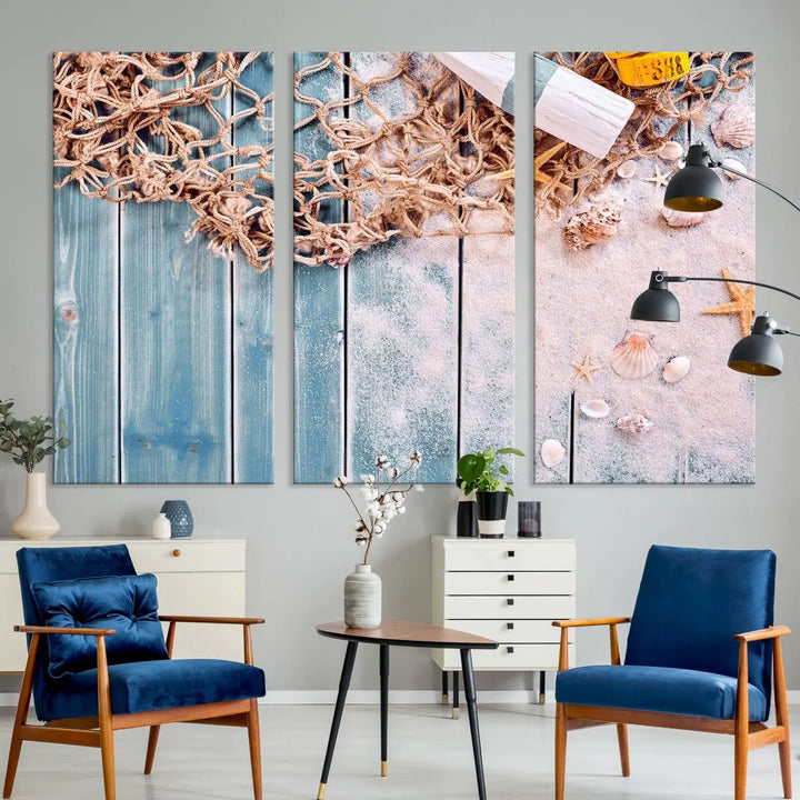 Discover the "Fishing Net on Old Rusty Woods Canvas Wall Art Nautical Canvas Art," a coastal-themed triptych that adorns your space, featuring enchanting shells and netting. Each museum-quality canvas is expertly finished with UV-protective coating to ensure its vibrant beauty endures.