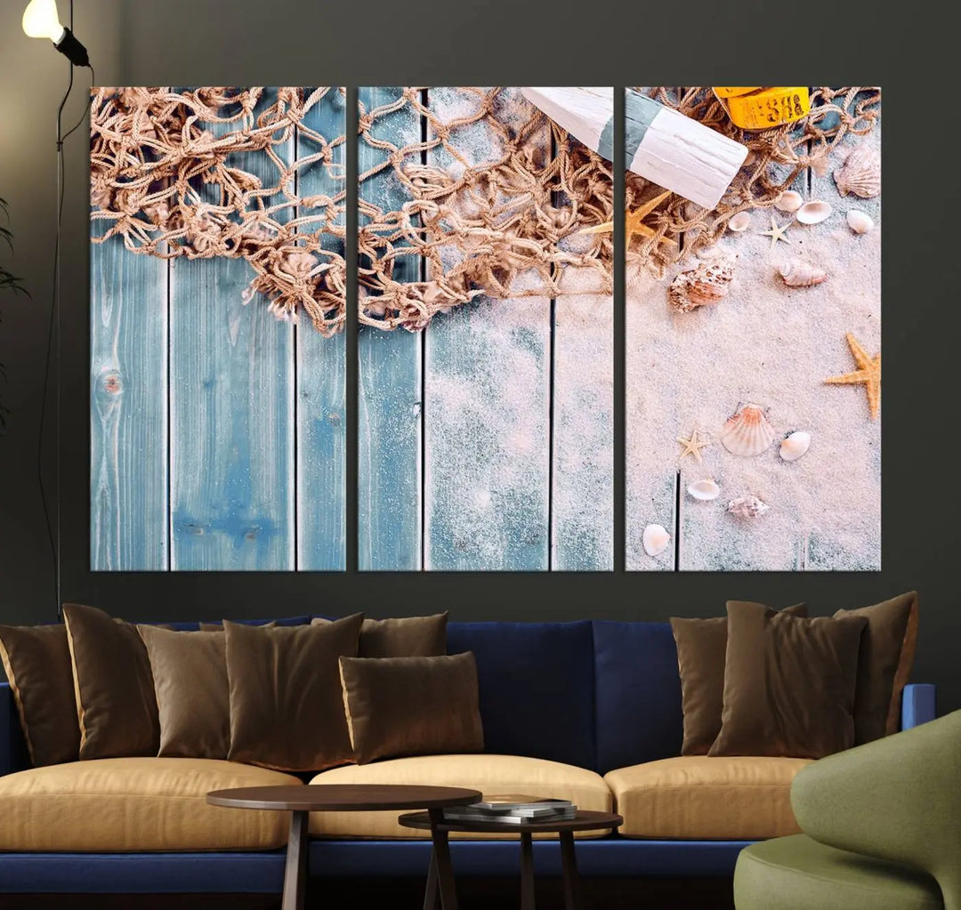 Discover the "Fishing Net on Old Rusty Woods Canvas Wall Art Nautical Canvas Art," a coastal-themed triptych that adorns your space, featuring enchanting shells and netting. Each museum-quality canvas is expertly finished with UV-protective coating to ensure its vibrant beauty endures.