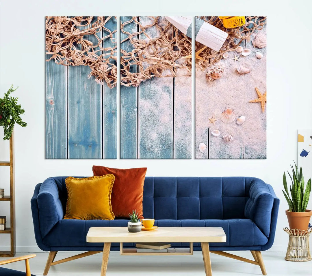 Discover the "Fishing Net on Old Rusty Woods Canvas Wall Art Nautical Canvas Art," a coastal-themed triptych that adorns your space, featuring enchanting shells and netting. Each museum-quality canvas is expertly finished with UV-protective coating to ensure its vibrant beauty endures.