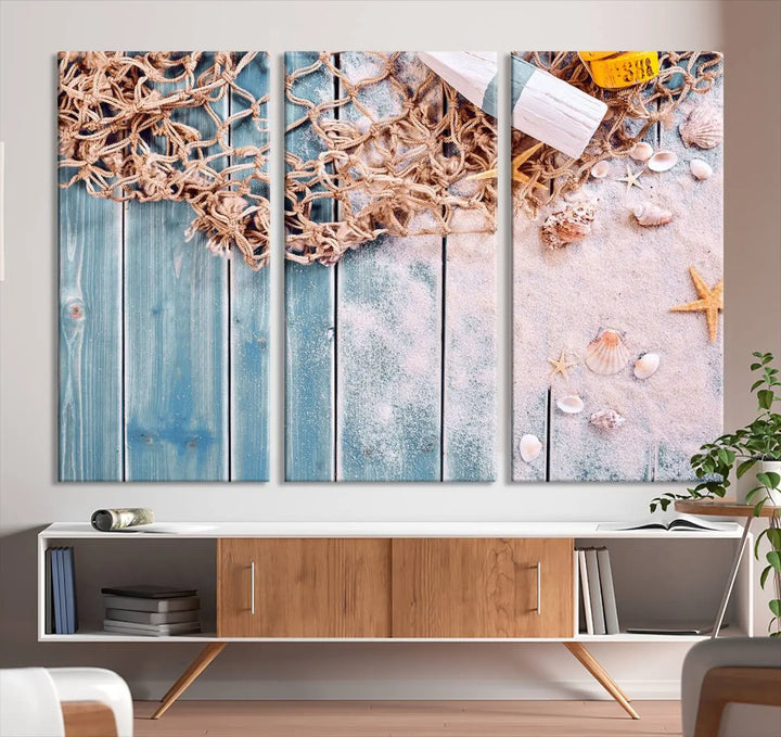 Discover the "Fishing Net on Old Rusty Woods Canvas Wall Art Nautical Canvas Art," a coastal-themed triptych that adorns your space, featuring enchanting shells and netting. Each museum-quality canvas is expertly finished with UV-protective coating to ensure its vibrant beauty endures.