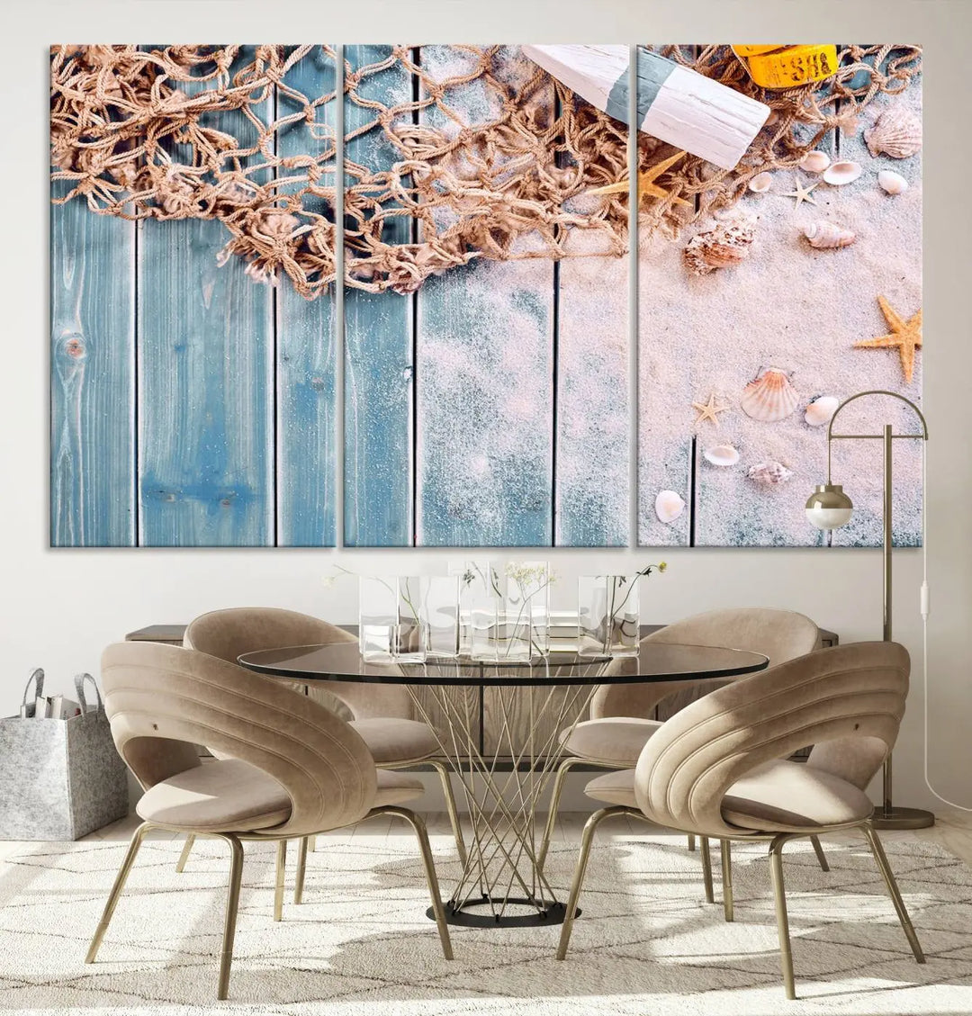 Discover the "Fishing Net on Old Rusty Woods Canvas Wall Art Nautical Canvas Art," a coastal-themed triptych that adorns your space, featuring enchanting shells and netting. Each museum-quality canvas is expertly finished with UV-protective coating to ensure its vibrant beauty endures.