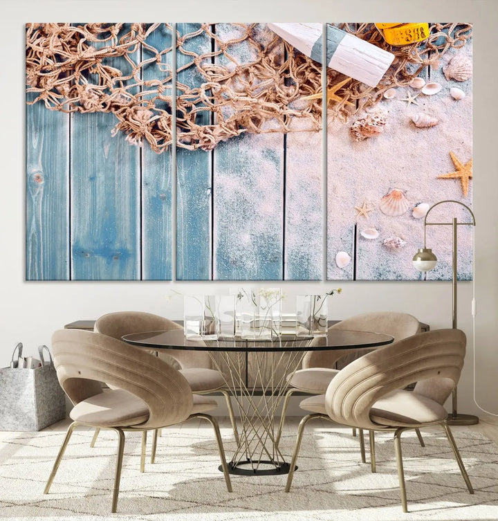 Discover the "Fishing Net on Old Rusty Woods Canvas Wall Art Nautical Canvas Art," a coastal-themed triptych that adorns your space, featuring enchanting shells and netting. Each museum-quality canvas is expertly finished with UV-protective coating to ensure its vibrant beauty endures.