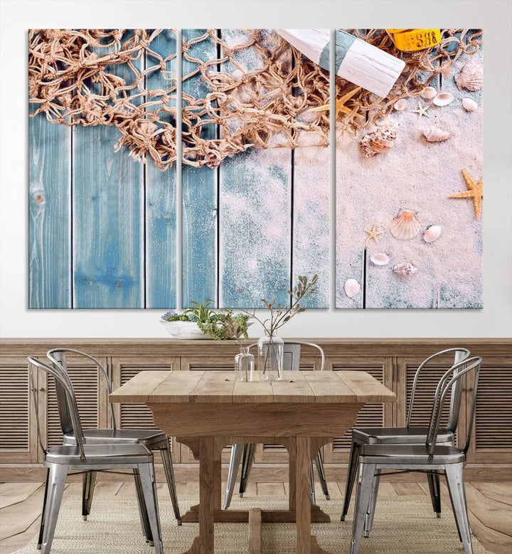 Discover the "Fishing Net on Old Rusty Woods Canvas Wall Art Nautical Canvas Art," a coastal-themed triptych that adorns your space, featuring enchanting shells and netting. Each museum-quality canvas is expertly finished with UV-protective coating to ensure its vibrant beauty endures.