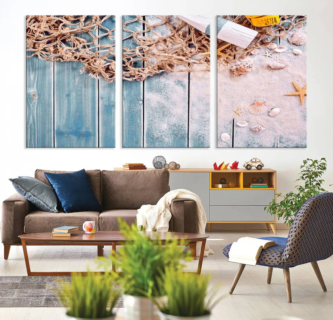 Discover the "Fishing Net on Old Rusty Woods Canvas Wall Art Nautical Canvas Art," a coastal-themed triptych that adorns your space, featuring enchanting shells and netting. Each museum-quality canvas is expertly finished with UV-protective coating to ensure its vibrant beauty endures.