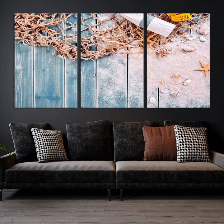 Discover the "Fishing Net on Old Rusty Woods Canvas Wall Art Nautical Canvas Art," a coastal-themed triptych that adorns your space, featuring enchanting shells and netting. Each museum-quality canvas is expertly finished with UV-protective coating to ensure its vibrant beauty endures.