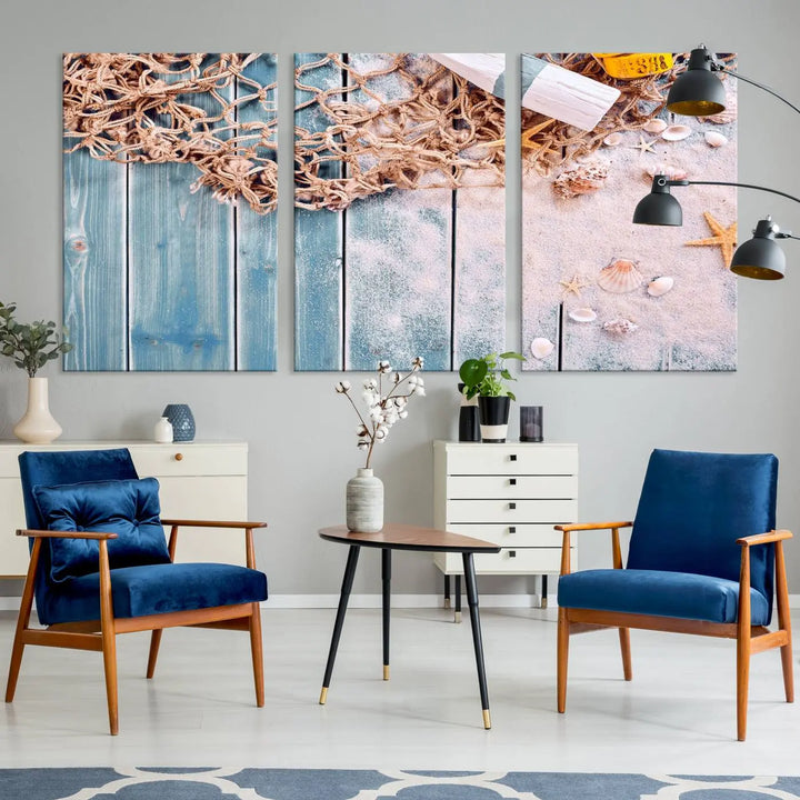 Discover the "Fishing Net on Old Rusty Woods Canvas Wall Art Nautical Canvas Art," a coastal-themed triptych that adorns your space, featuring enchanting shells and netting. Each museum-quality canvas is expertly finished with UV-protective coating to ensure its vibrant beauty endures.