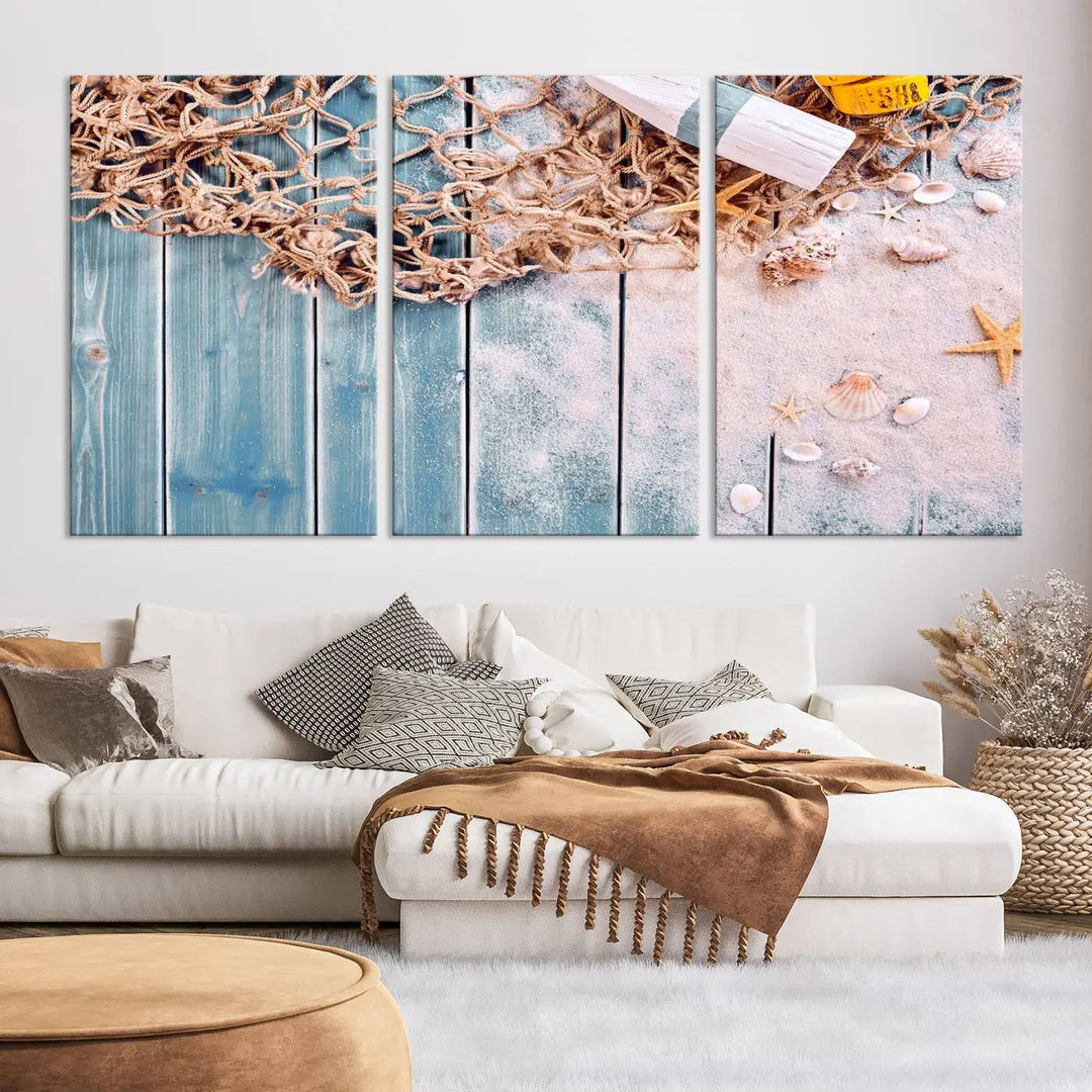 Discover the "Fishing Net on Old Rusty Woods Canvas Wall Art Nautical Canvas Art," a coastal-themed triptych that adorns your space, featuring enchanting shells and netting. Each museum-quality canvas is expertly finished with UV-protective coating to ensure its vibrant beauty endures.