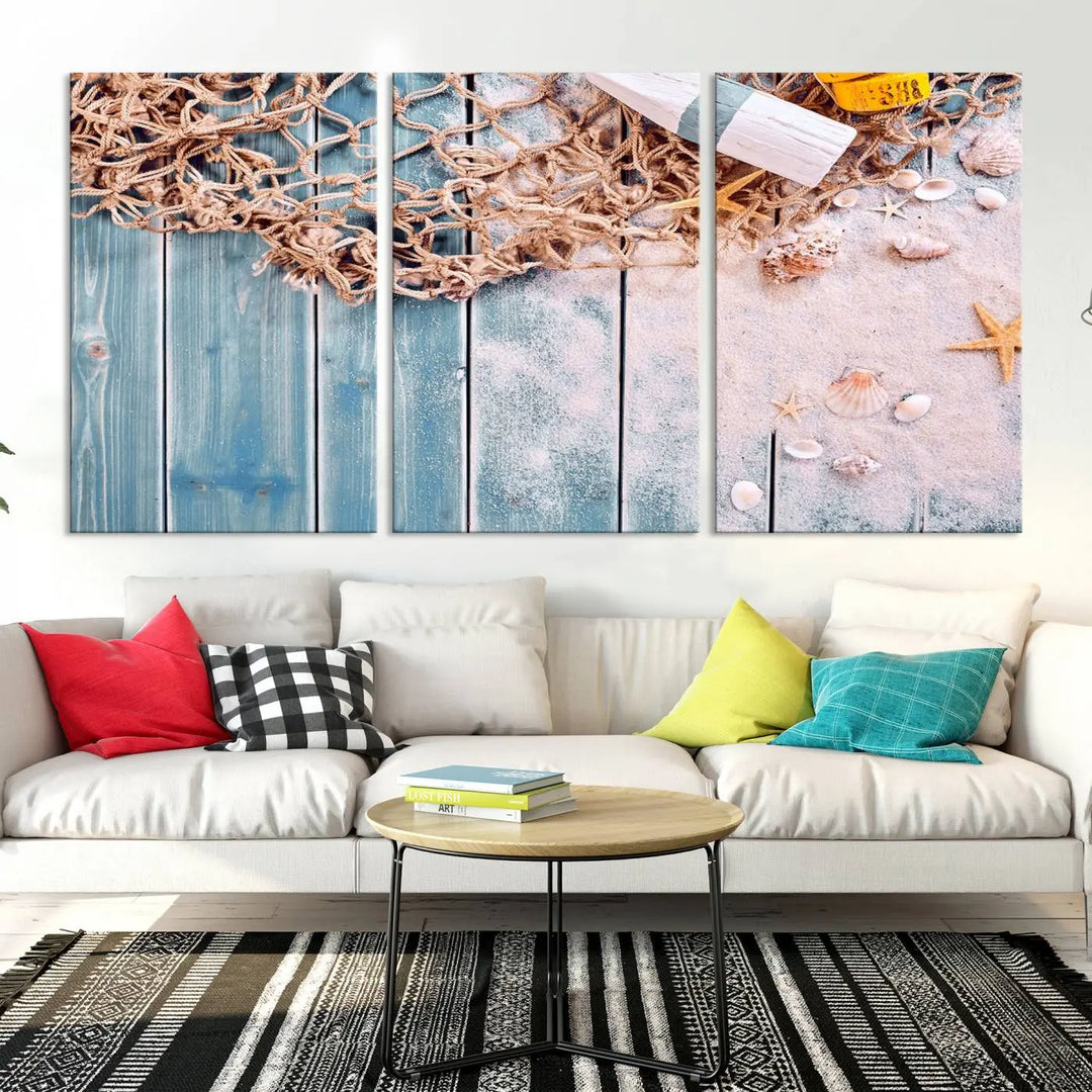 Discover the "Fishing Net on Old Rusty Woods Canvas Wall Art Nautical Canvas Art," a coastal-themed triptych that adorns your space, featuring enchanting shells and netting. Each museum-quality canvas is expertly finished with UV-protective coating to ensure its vibrant beauty endures.