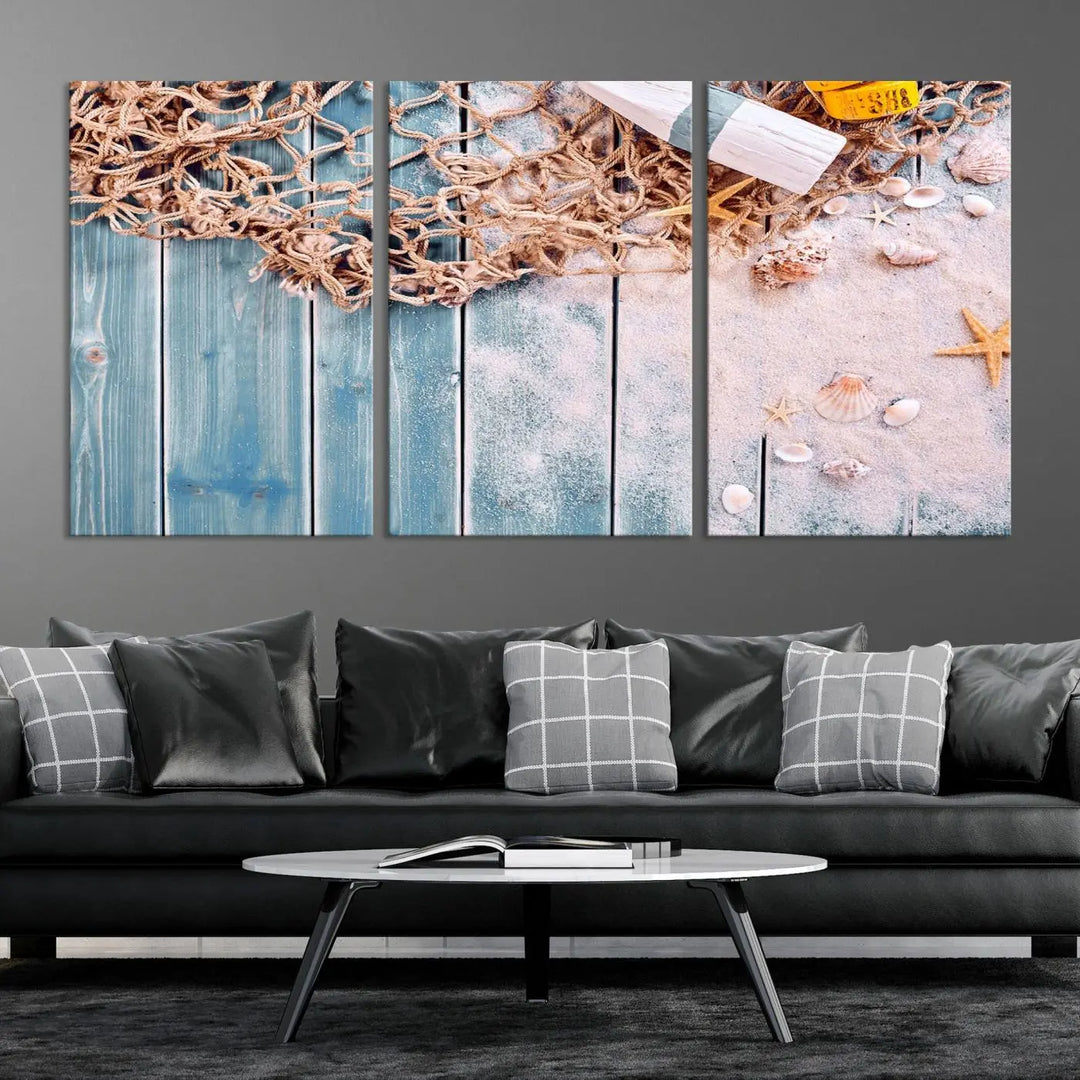 Discover the "Fishing Net on Old Rusty Woods Canvas Wall Art Nautical Canvas Art," a coastal-themed triptych that adorns your space, featuring enchanting shells and netting. Each museum-quality canvas is expertly finished with UV-protective coating to ensure its vibrant beauty endures.