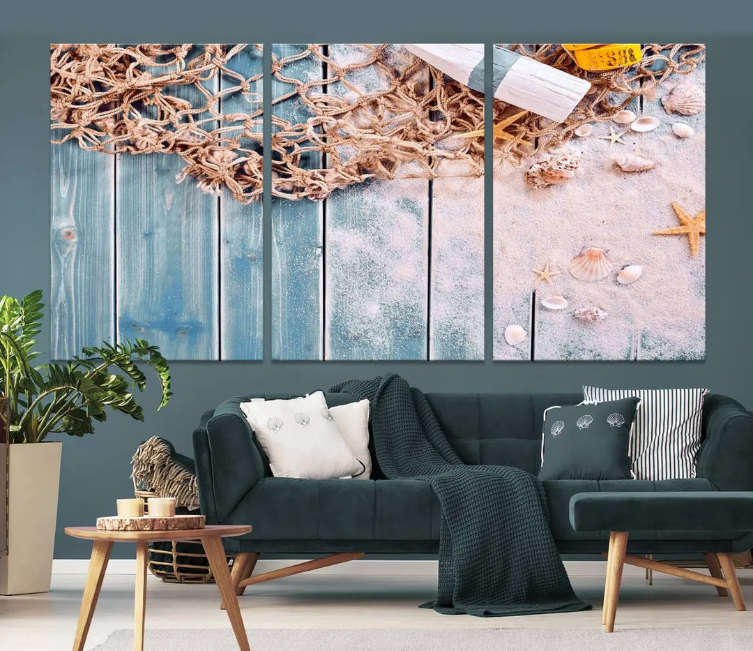 Discover the "Fishing Net on Old Rusty Woods Canvas Wall Art Nautical Canvas Art," a coastal-themed triptych that adorns your space, featuring enchanting shells and netting. Each museum-quality canvas is expertly finished with UV-protective coating to ensure its vibrant beauty endures.