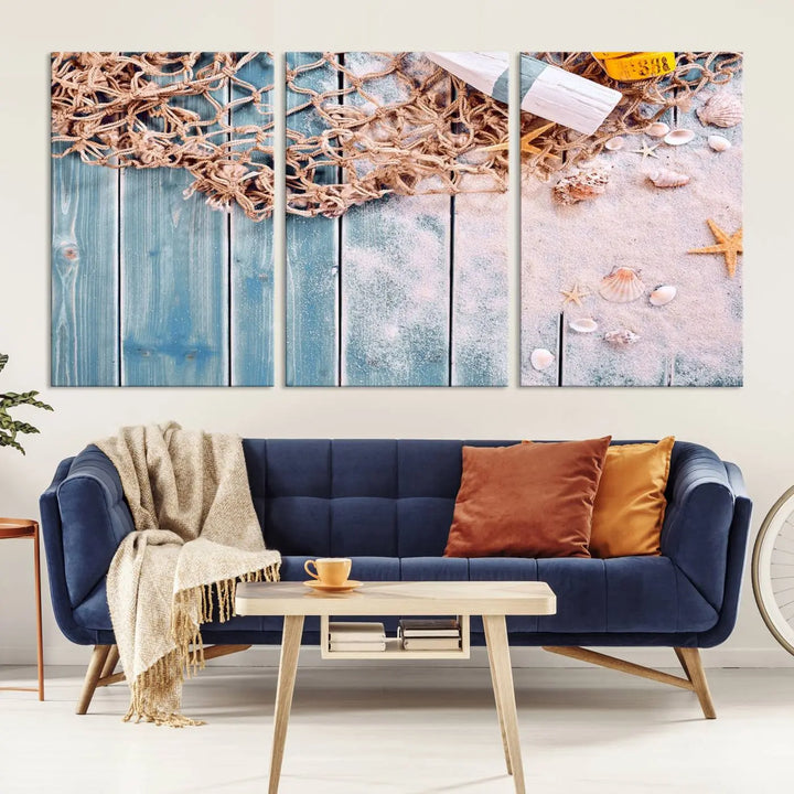 Discover the "Fishing Net on Old Rusty Woods Canvas Wall Art Nautical Canvas Art," a coastal-themed triptych that adorns your space, featuring enchanting shells and netting. Each museum-quality canvas is expertly finished with UV-protective coating to ensure its vibrant beauty endures.