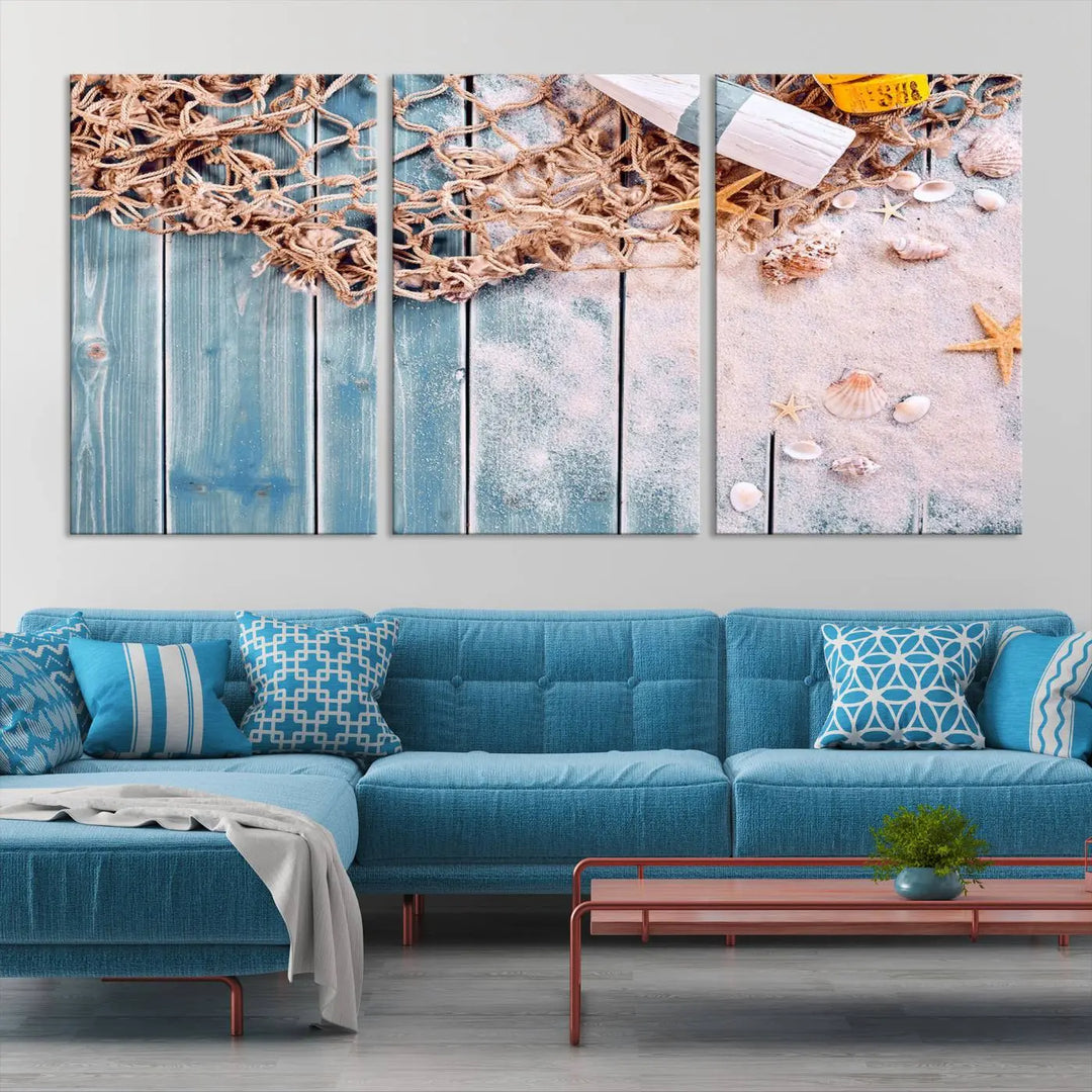 Discover the "Fishing Net on Old Rusty Woods Canvas Wall Art Nautical Canvas Art," a coastal-themed triptych that adorns your space, featuring enchanting shells and netting. Each museum-quality canvas is expertly finished with UV-protective coating to ensure its vibrant beauty endures.