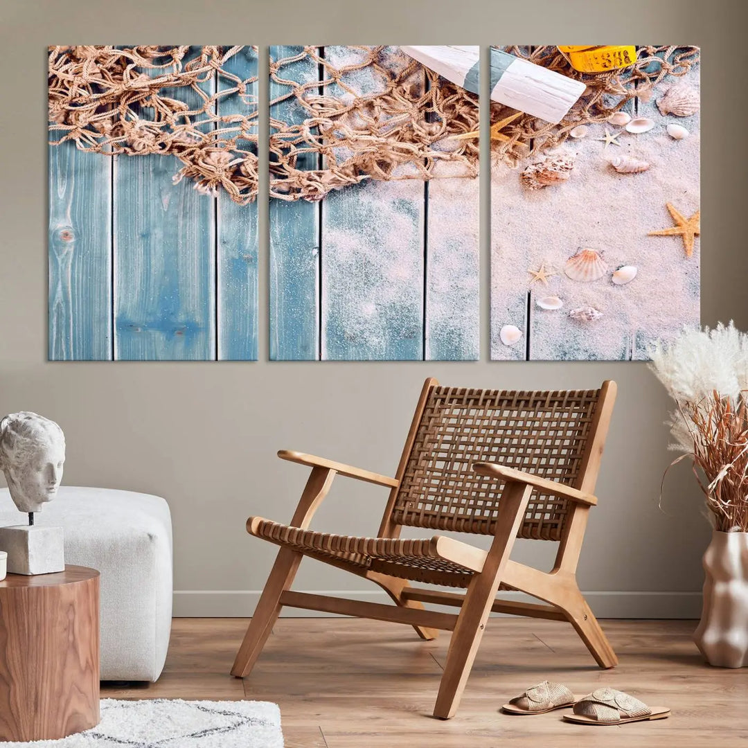 Discover the "Fishing Net on Old Rusty Woods Canvas Wall Art Nautical Canvas Art," a coastal-themed triptych that adorns your space, featuring enchanting shells and netting. Each museum-quality canvas is expertly finished with UV-protective coating to ensure its vibrant beauty endures.