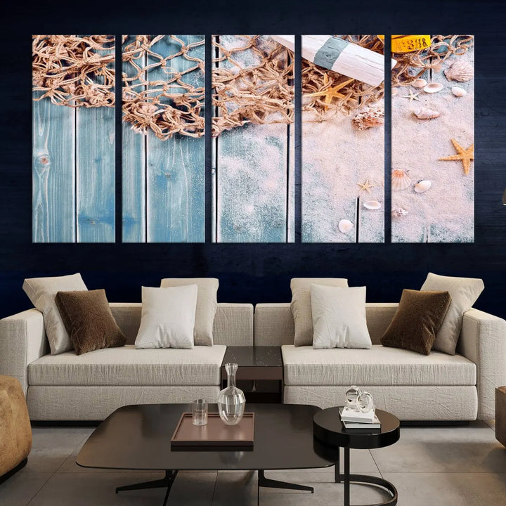 Discover the "Fishing Net on Old Rusty Woods Canvas Wall Art Nautical Canvas Art," a coastal-themed triptych that adorns your space, featuring enchanting shells and netting. Each museum-quality canvas is expertly finished with UV-protective coating to ensure its vibrant beauty endures.