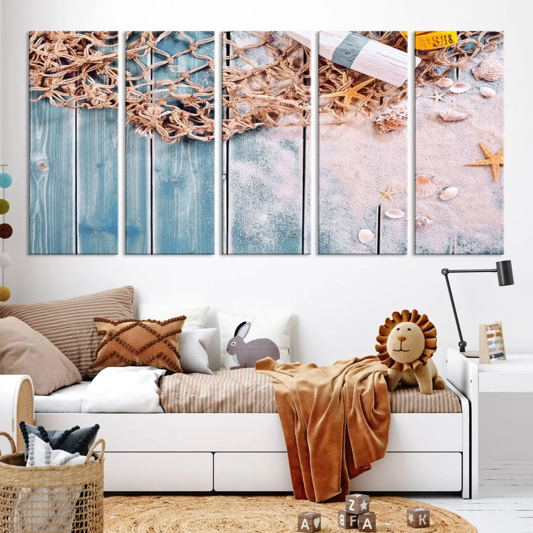 Discover the "Fishing Net on Old Rusty Woods Canvas Wall Art Nautical Canvas Art," a coastal-themed triptych that adorns your space, featuring enchanting shells and netting. Each museum-quality canvas is expertly finished with UV-protective coating to ensure its vibrant beauty endures.