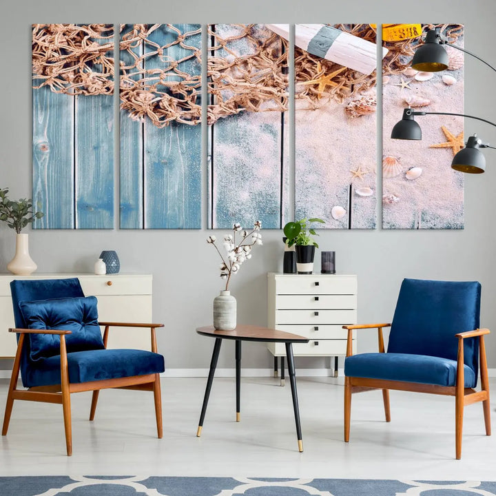 Discover the "Fishing Net on Old Rusty Woods Canvas Wall Art Nautical Canvas Art," a coastal-themed triptych that adorns your space, featuring enchanting shells and netting. Each museum-quality canvas is expertly finished with UV-protective coating to ensure its vibrant beauty endures.