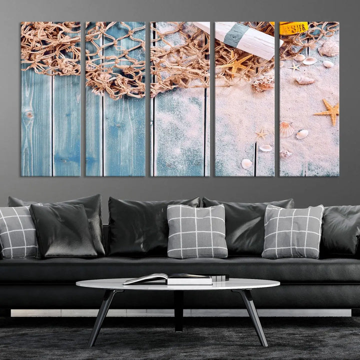 Discover the "Fishing Net on Old Rusty Woods Canvas Wall Art Nautical Canvas Art," a coastal-themed triptych that adorns your space, featuring enchanting shells and netting. Each museum-quality canvas is expertly finished with UV-protective coating to ensure its vibrant beauty endures.