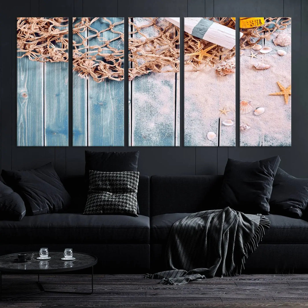 Discover the "Fishing Net on Old Rusty Woods Canvas Wall Art Nautical Canvas Art," a coastal-themed triptych that adorns your space, featuring enchanting shells and netting. Each museum-quality canvas is expertly finished with UV-protective coating to ensure its vibrant beauty endures.