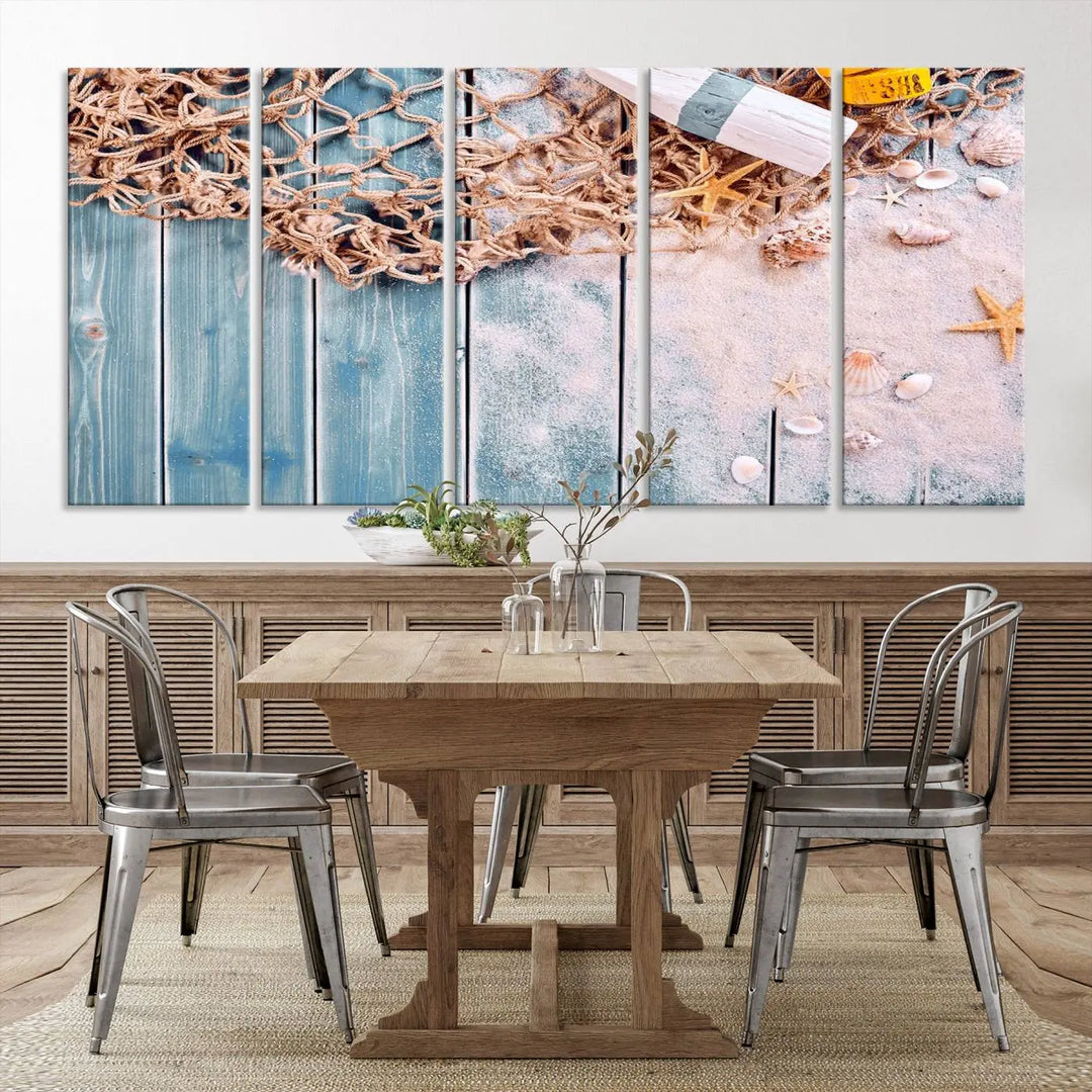 Discover the "Fishing Net on Old Rusty Woods Canvas Wall Art Nautical Canvas Art," a coastal-themed triptych that adorns your space, featuring enchanting shells and netting. Each museum-quality canvas is expertly finished with UV-protective coating to ensure its vibrant beauty endures.