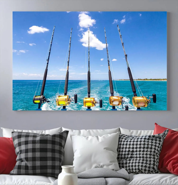 Experience the beauty of the ocean with the "Fishing Roads on Boat" canvas wall art print, an elegant triptych depicting fishing rods on a boat at sea. Crafted on museum-quality canvas with a UV-protective coating, this striking piece adds sophistication to any modern living room setting.