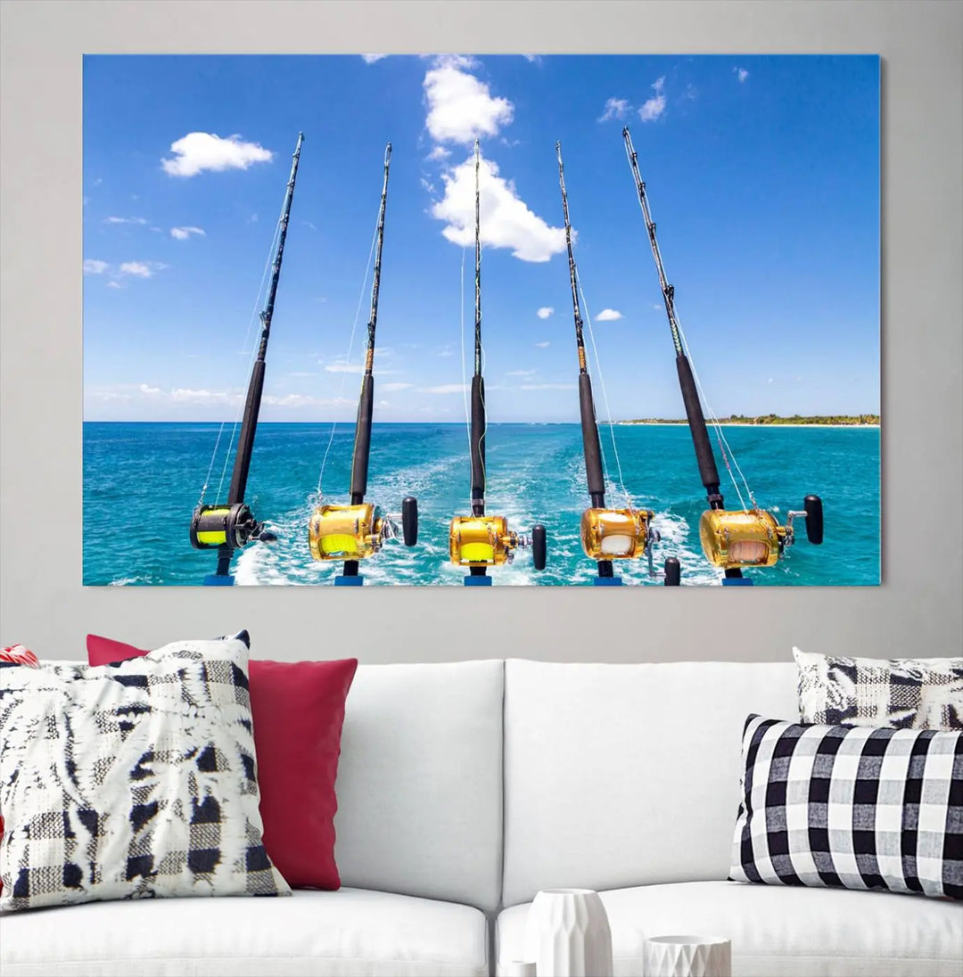 Experience the beauty of the ocean with the "Fishing Roads on Boat" canvas wall art print, an elegant triptych depicting fishing rods on a boat at sea. Crafted on museum-quality canvas with a UV-protective coating, this striking piece adds sophistication to any modern living room setting.