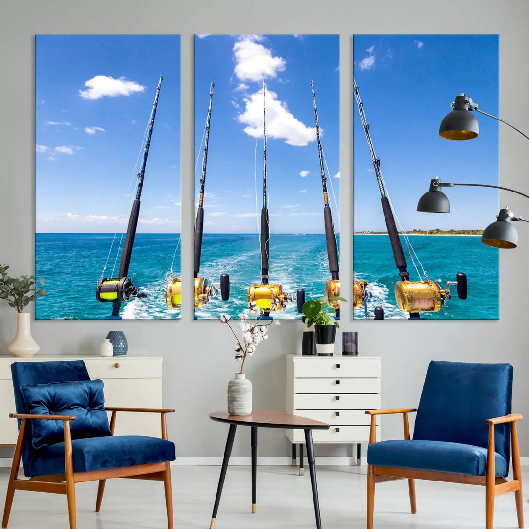 Experience the beauty of the ocean with the "Fishing Roads on Boat" canvas wall art print, an elegant triptych depicting fishing rods on a boat at sea. Crafted on museum-quality canvas with a UV-protective coating, this striking piece adds sophistication to any modern living room setting.