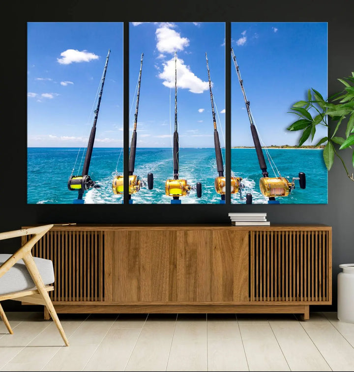 Experience the beauty of the ocean with the "Fishing Roads on Boat" canvas wall art print, an elegant triptych depicting fishing rods on a boat at sea. Crafted on museum-quality canvas with a UV-protective coating, this striking piece adds sophistication to any modern living room setting.