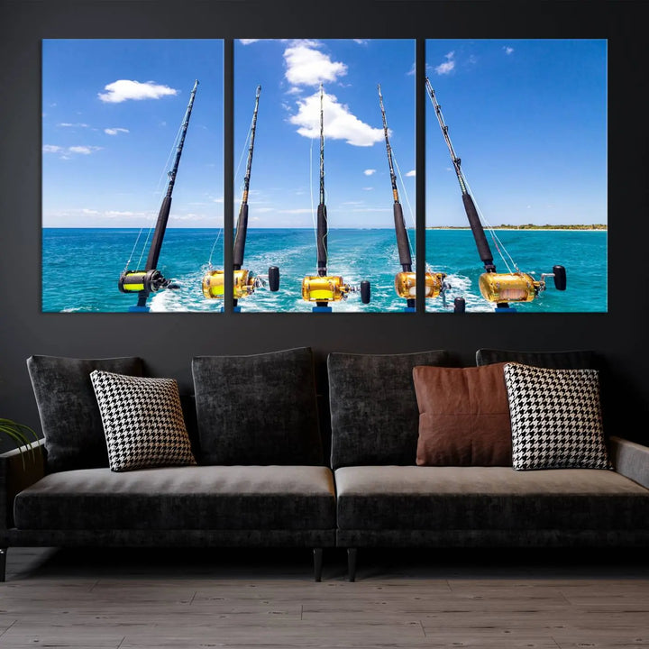 Experience the beauty of the ocean with the "Fishing Roads on Boat" canvas wall art print, an elegant triptych depicting fishing rods on a boat at sea. Crafted on museum-quality canvas with a UV-protective coating, this striking piece adds sophistication to any modern living room setting.