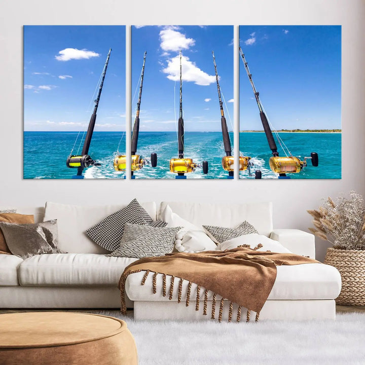 Experience the beauty of the ocean with the "Fishing Roads on Boat" canvas wall art print, an elegant triptych depicting fishing rods on a boat at sea. Crafted on museum-quality canvas with a UV-protective coating, this striking piece adds sophistication to any modern living room setting.