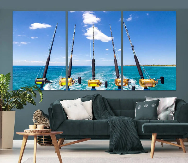 Experience the beauty of the ocean with the "Fishing Roads on Boat" canvas wall art print, an elegant triptych depicting fishing rods on a boat at sea. Crafted on museum-quality canvas with a UV-protective coating, this striking piece adds sophistication to any modern living room setting.