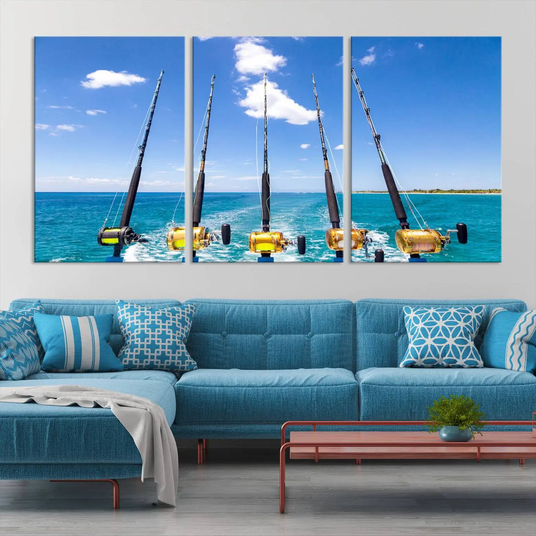 Experience the beauty of the ocean with the "Fishing Roads on Boat" canvas wall art print, an elegant triptych depicting fishing rods on a boat at sea. Crafted on museum-quality canvas with a UV-protective coating, this striking piece adds sophistication to any modern living room setting.