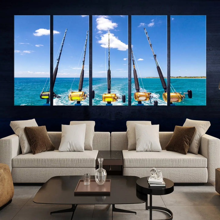 Experience the beauty of the ocean with the "Fishing Roads on Boat" canvas wall art print, an elegant triptych depicting fishing rods on a boat at sea. Crafted on museum-quality canvas with a UV-protective coating, this striking piece adds sophistication to any modern living room setting.