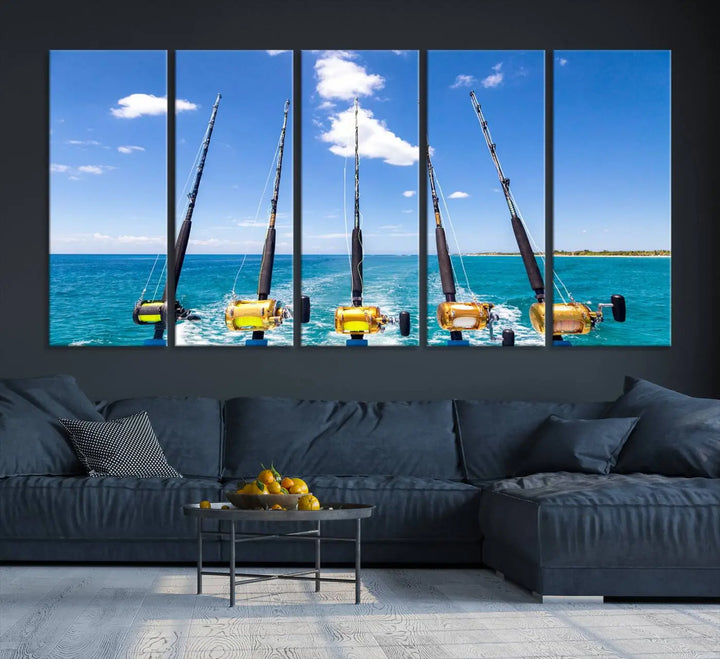 Experience the beauty of the ocean with the "Fishing Roads on Boat" canvas wall art print, an elegant triptych depicting fishing rods on a boat at sea. Crafted on museum-quality canvas with a UV-protective coating, this striking piece adds sophistication to any modern living room setting.