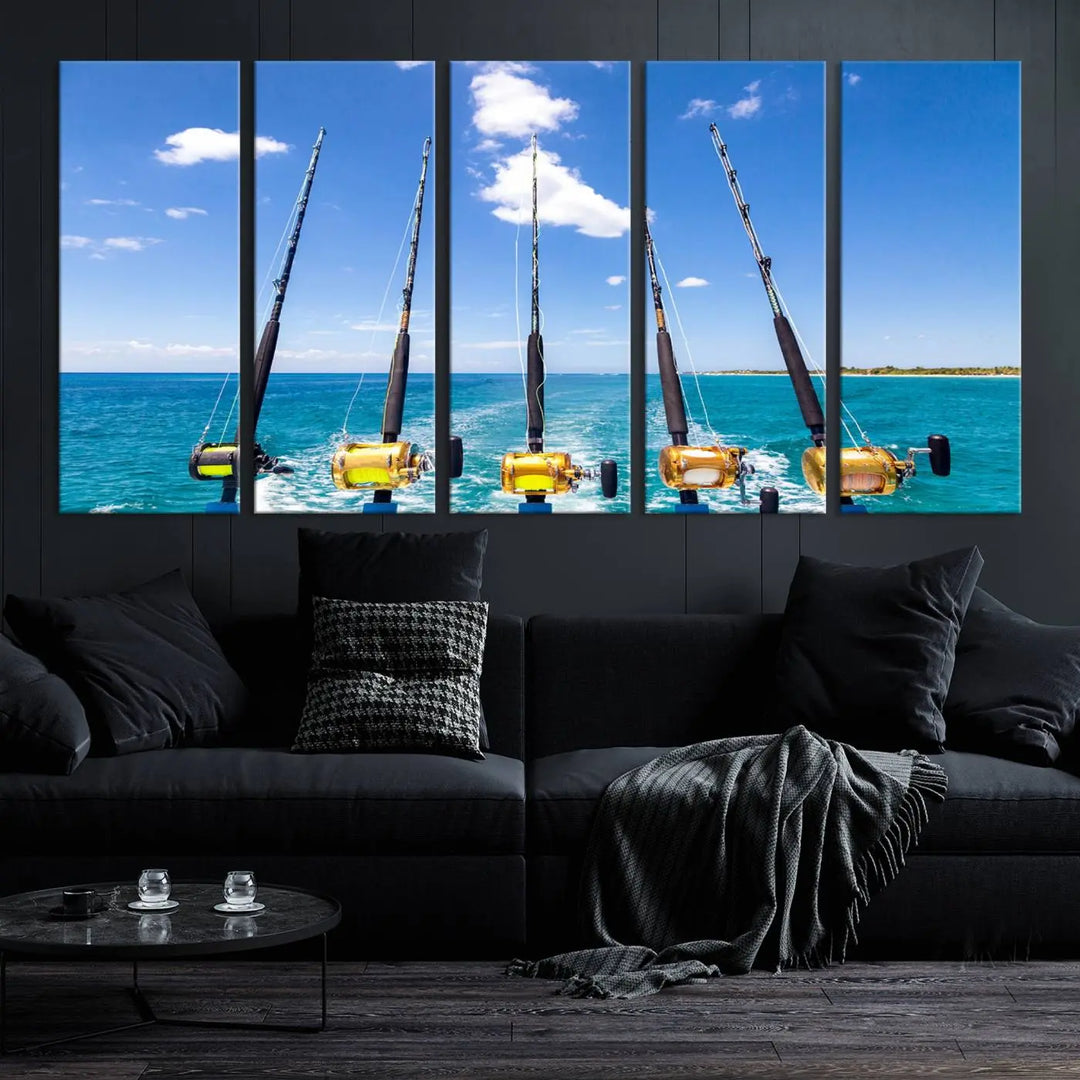 Experience the beauty of the ocean with the "Fishing Roads on Boat" canvas wall art print, an elegant triptych depicting fishing rods on a boat at sea. Crafted on museum-quality canvas with a UV-protective coating, this striking piece adds sophistication to any modern living room setting.