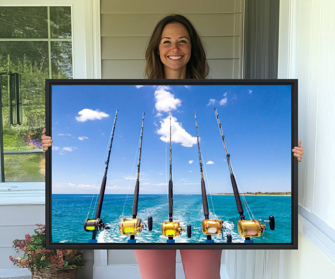 Fishing Rods on Boat Canvas Wall Art Print, Ocean Seascape Art Print
