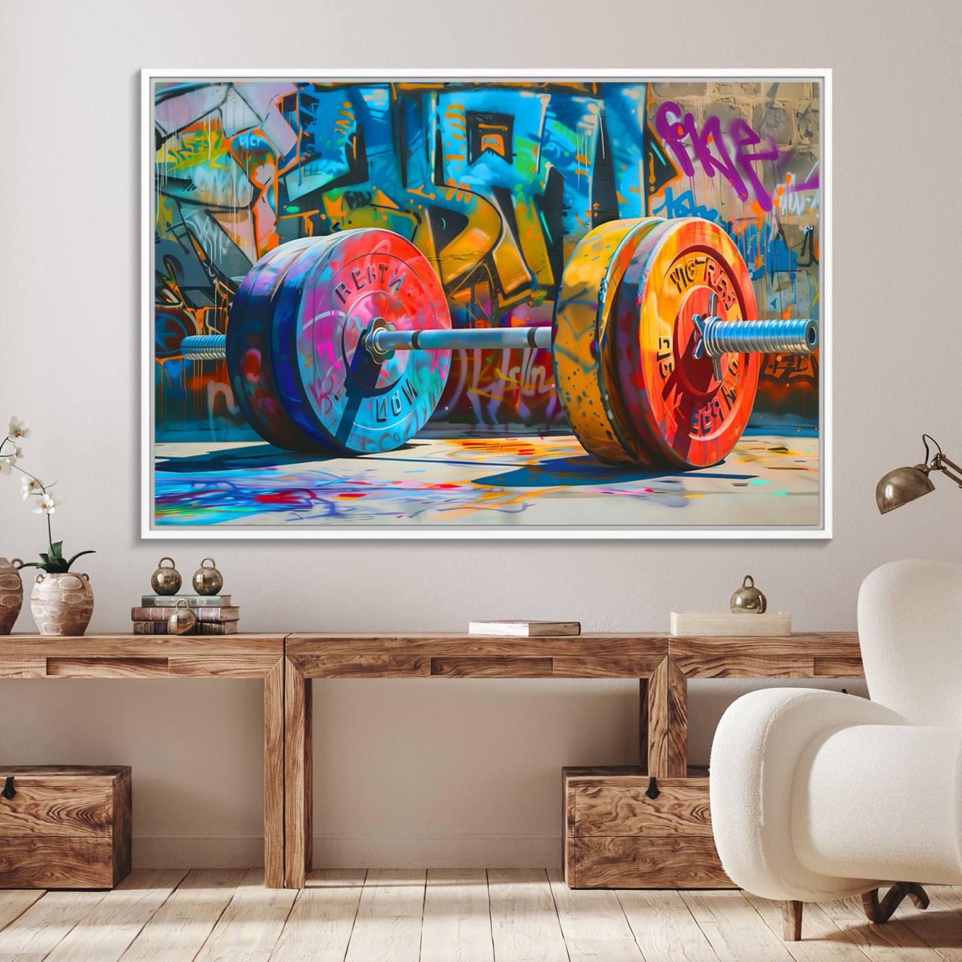 70871-MGV-FC-36X24_White-Fitness Gym Barbell Graffiti Wall Art Canvas Print