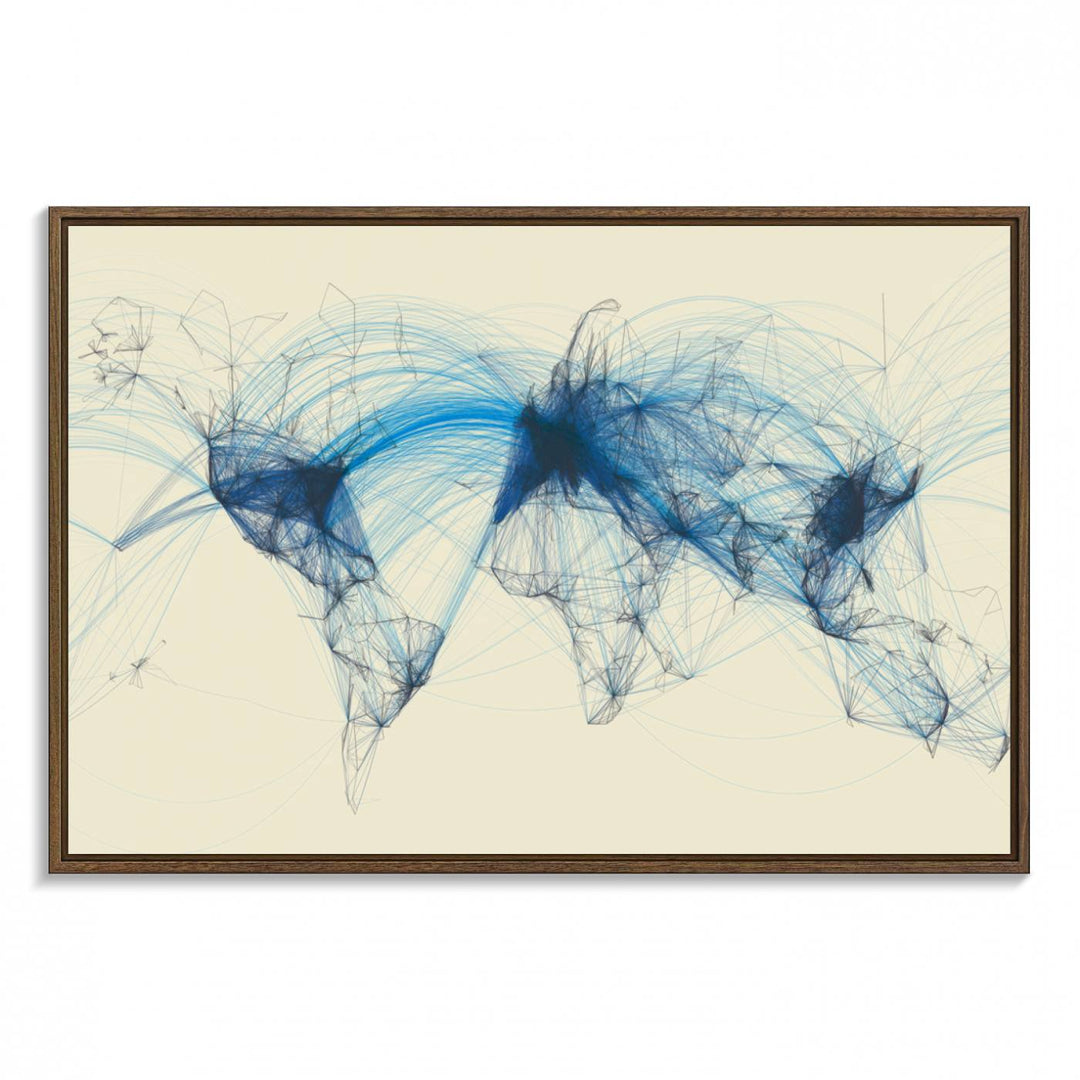 Map-Blue-Contract-MGV-FC-36X24_Walnut-Flight Routes Map art Air Traffic Avi World Map with Blue Connections Canvas Wall Art – Modern Abstract Global Network - Ready to Hang