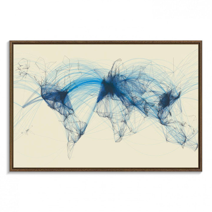 Map-Blue-Contract-MGV-FC-36X24_Walnut-Flight Routes Map art Air Traffic Avi World Map with Blue Connections Canvas Wall Art – Modern Abstract Global Network - Ready to Hang