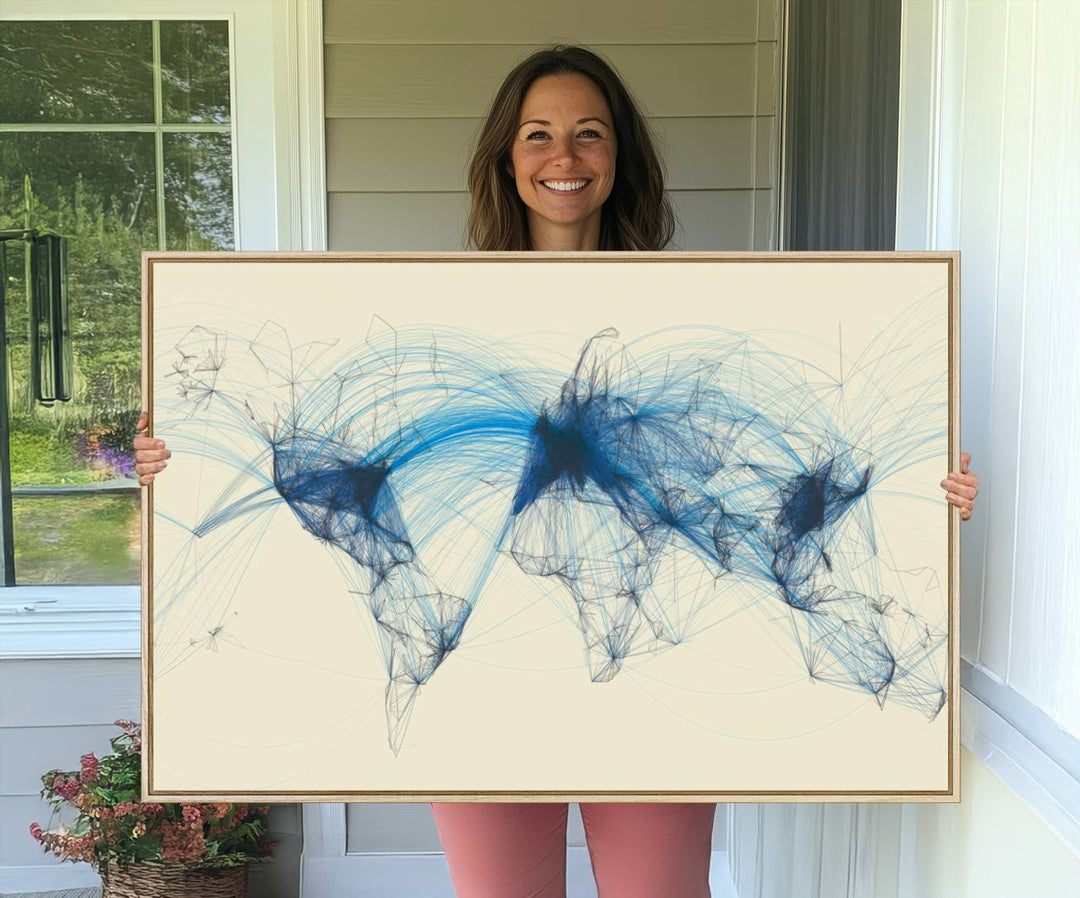 Map-Blue-Contract-MGV-CV-36X24-Flight Routes Map art Air Traffic Avi World Map with Blue Connections Canvas Wall Art – Modern Abstract Global Network - Ready to Hang