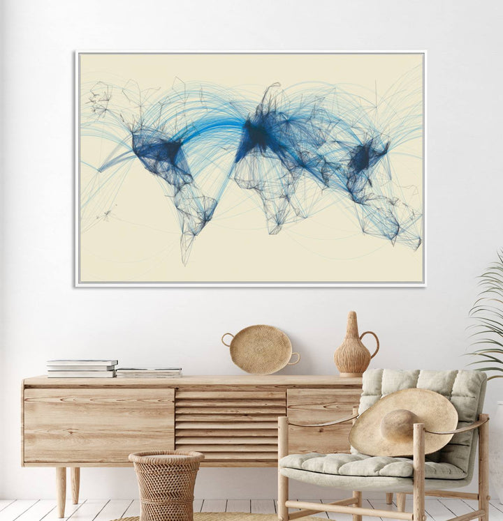 Map-Blue-Contract-MGV-CV-36X24-Flight Routes Map art Air Traffic Avi World Map with Blue Connections Canvas Wall Art – Modern Abstract Global Network - Ready to Hang