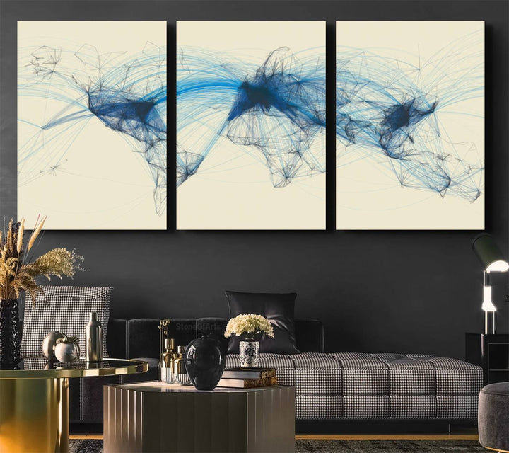 Map-Blue-Contract-MGV-CV-36X24-Flight Routes Map art Air Traffic Avi World Map with Blue Connections Canvas Wall Art – Modern Abstract Global Network - Ready to Hang