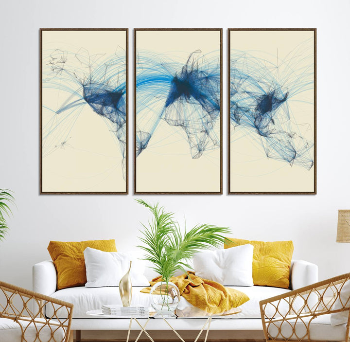 Map-Blue-Contract-MGV-CV-36X24-Flight Routes Map art Air Traffic Avi World Map with Blue Connections Canvas Wall Art – Modern Abstract Global Network - Ready to Hang