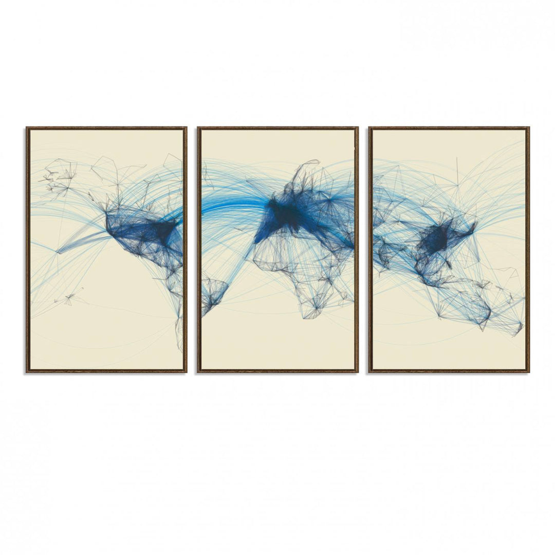 Map-Blue-Contract-MGV-FC-60X30-3P_Walnut-Flight Routes Map art Air Traffic Avi World Map with Blue Connections Canvas Wall Art – Modern Abstract Global Network - Ready to Hang