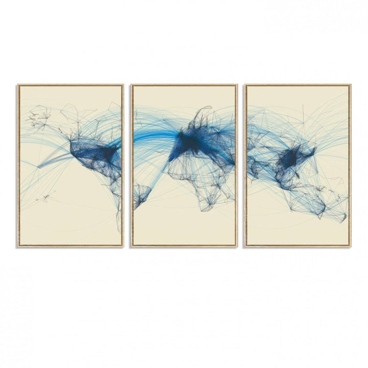Map-Blue-Contract-MGV-FC-60X30-3P_Natural-Flight Routes Map art Air Traffic Avi World Map with Blue Connections Canvas Wall Art – Modern Abstract Global Network - Ready to Hang