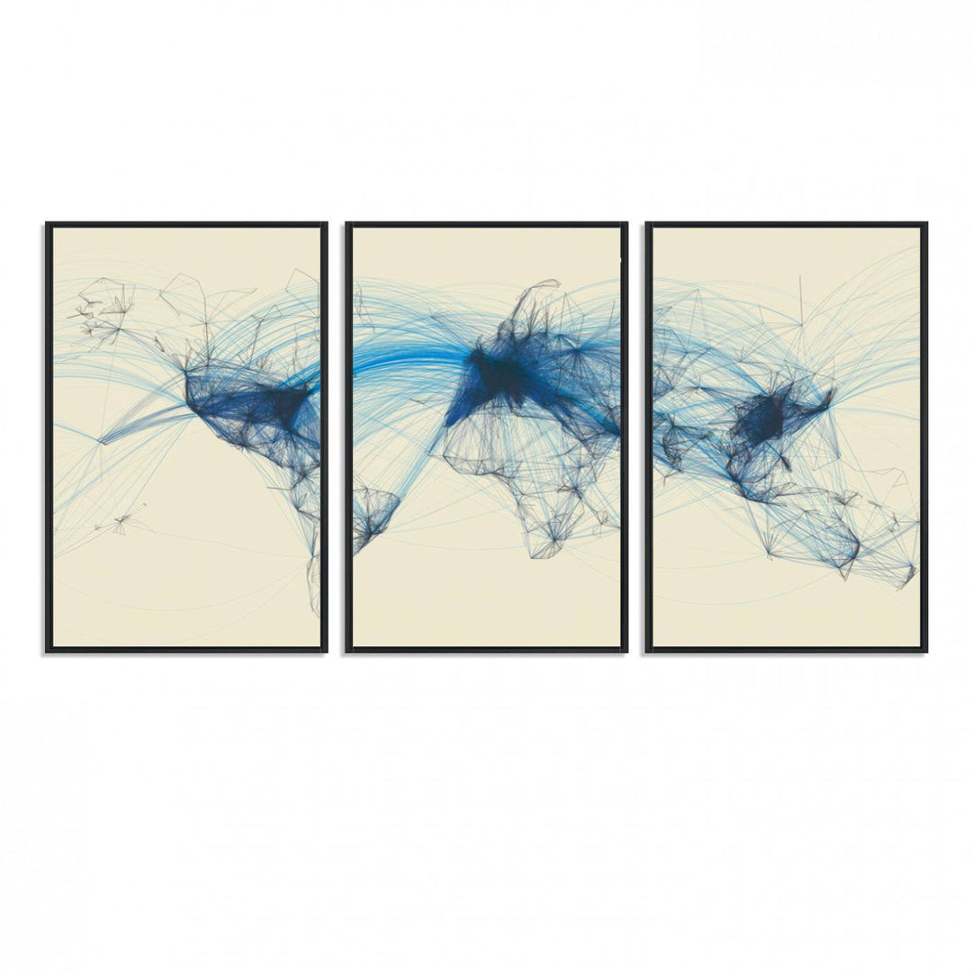 Map-Blue-Contract-MGV-FC-60X30-3P_Black-Flight Routes Map art Air Traffic Avi World Map with Blue Connections Canvas Wall Art – Modern Abstract Global Network - Ready to Hang