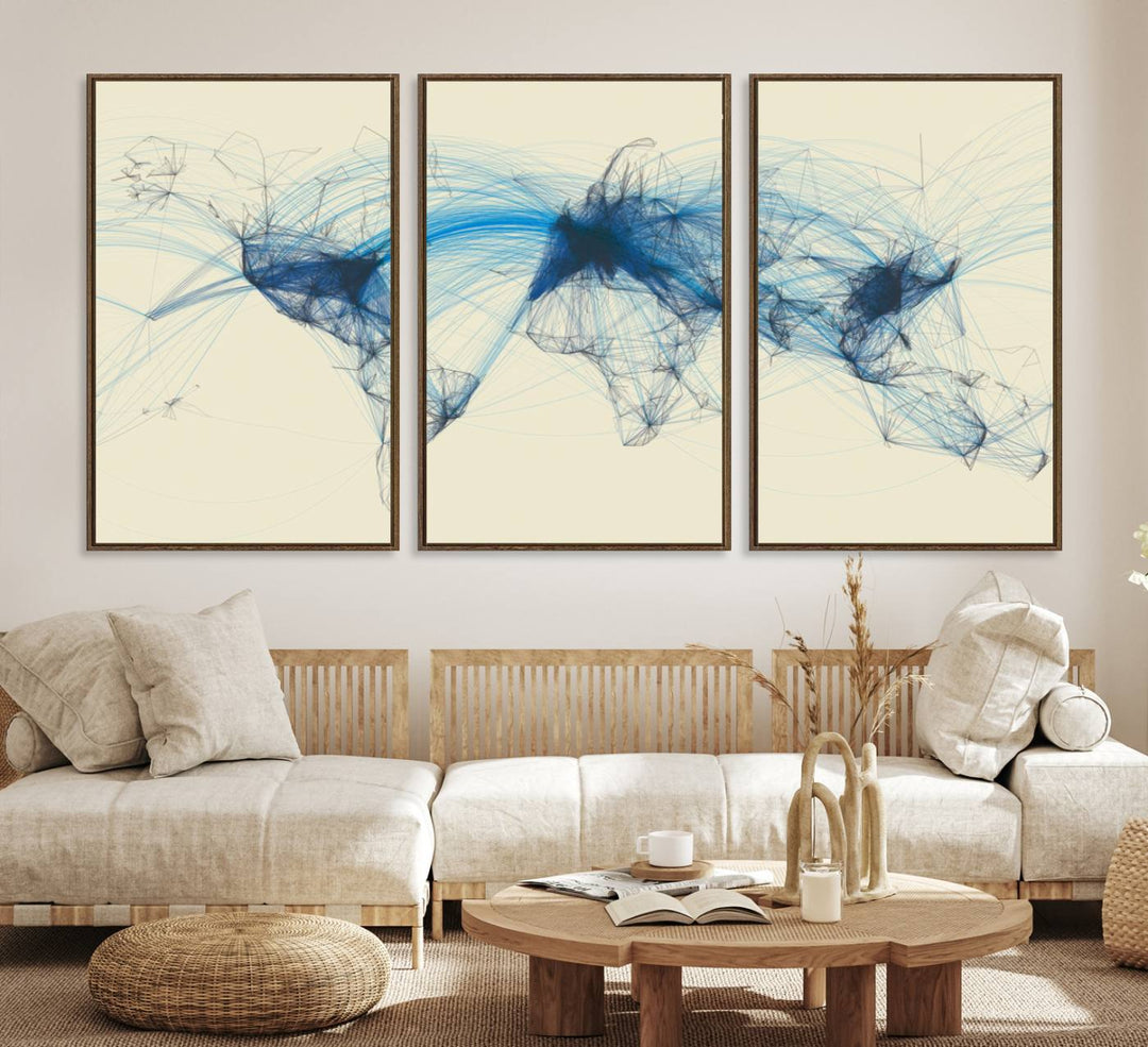 Map-Blue-Contract-MGV-CV-36X24-Flight Routes Map art Air Traffic Avi World Map with Blue Connections Canvas Wall Art – Modern Abstract Global Network - Ready to Hang