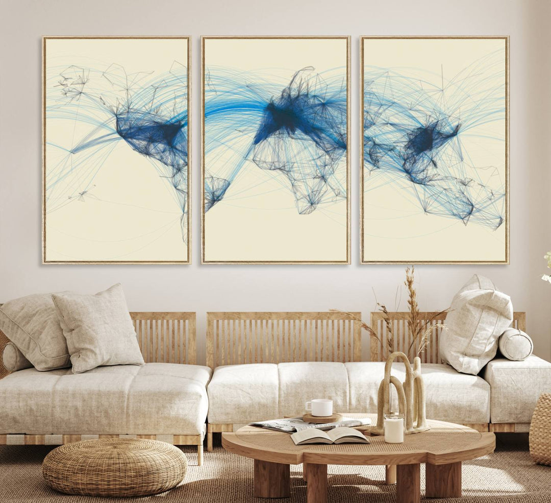 Map-Blue-Contract-MGV-CV-36X24-Flight Routes Map art Air Traffic Avi World Map with Blue Connections Canvas Wall Art – Modern Abstract Global Network - Ready to Hang